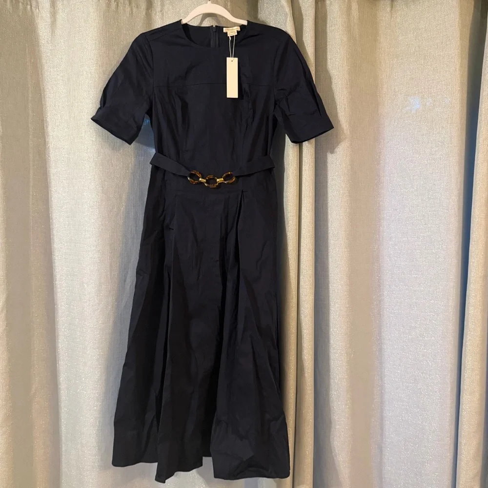 $398 Shoshanna Castell Cotton Cheryl Dress Navy Midi A-Line Chain Belt Pockets 4 - Picture 5 of 9